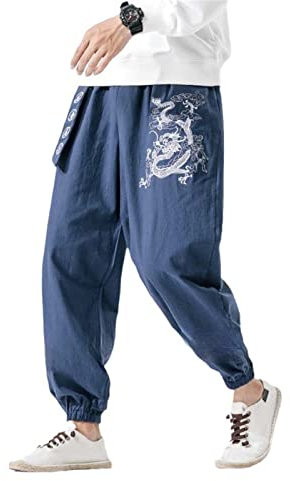 MQMYJSP Herren-Zen-Tee-Haremshose,chinesische Stil,mit Drachen-bestickter Kung-Fu-Hose Navy L