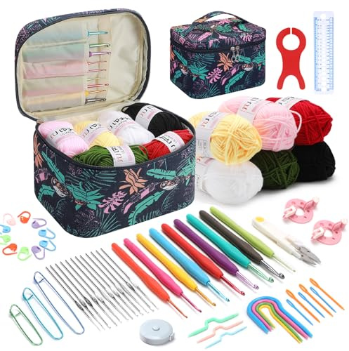 Aceshop 60 Pezzi Kit Uncinetto, Kit all'uncinetto per Principianti Kit per Uncinetto Kit Uncinetto Professionale Completo Uncinetto Ergonomico e Caso Uncinetto Set con Lana Uncinetto Set con Accessori