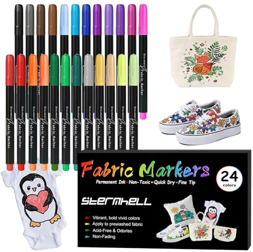 24 Textilstifte Waschmaschinenfest,Textilmalstifte, Waschfest Stoffmalstifte Textilmarker Textilfarbe Stoff Marker für Textilien DIY-Kostüme T shirt, Stoffbeutel, Hut zum Bemalen, Stoff Basteln Stifte