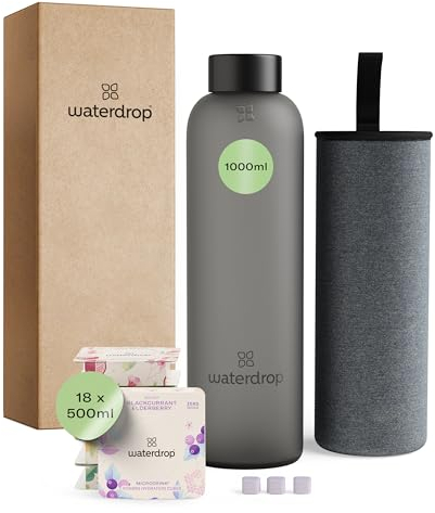 waterdrop® Flasche aus Glas 1 Liter inkl. 18 zuckerfreie Drops - Geschenk für Frauen - Probierpaket mit Wasserflasche, Flavor Drops & Vitaminen - auslaufsichere Trinkflasche & Kohlensäure geeignet
