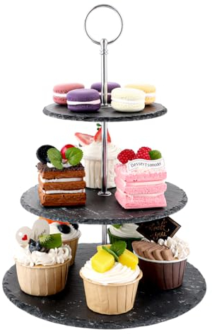 VIDETOL Schiefer Etagere 3 Etagen, Round Tortenständer, Cupcake Ständer 3 Stöckig, Servierständer Dessert Ständer für Kuchen, Desserts und Obst