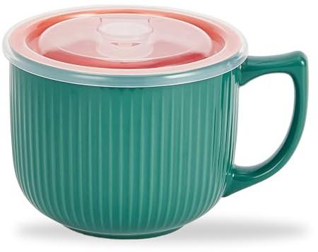 Keramik Suppenschüssel mit Henkel, 900ml Große Suppentasse mit Luftdichtem Deckel, Mikrowellenfest & Spülmaschinenfest – Ideal als Müslischale Groß, Ramen Topf und XXL Tasse für Heißgetränke Grün