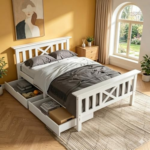 Merax 3FT Single Bed Frame with 2 Underbed Drawers, Solid Pine Wood Single Bed with Storage, X-Shape Headboard, Lattice Pattern Design, Guest Bed for Adults, Kids, Teenagers, White, 90x190cm
