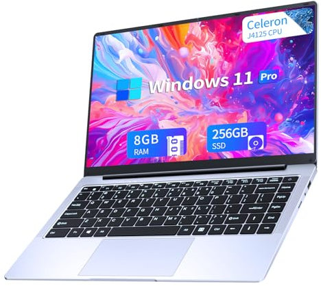 Ordinateur Portable Win11 Pro Celeron J4125 PC Portable, Laptop écran IPS FHD 14,1 Pouces, (8 Go LPDDR4 RAM 256 Go SSD ROM), PC Portable Convertible 180°, Mini HDMI protège Clavier français