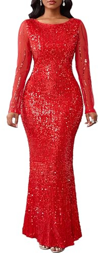 VERWIN Women's Sequins Dress Bodycon Dress Round Neck Long Sleeve Sparkly Mermaid Maxi Dress Casual Party Cocktail Dress