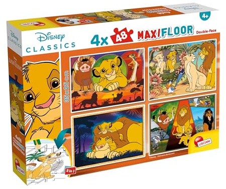 Lisciani - Puzzle Disney - Roi Lion Maxifloor - Puzzle 4 x 48 Pièces - Double Face pour Enfants dès 4 Ans - Scènes à Colorier au Verso - Format 35x25 - Activité Créative - Idée Cadeau Anniversaire