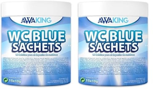 AWAKING Pastilles WC Chimique Pour Camping-Car 15 Blue Sachets | Nettoyage en profondeur et désodorise. Formule concentrée et arôme frais, réservoir d'eau noire, caravane, camping-car (Lot de 2)