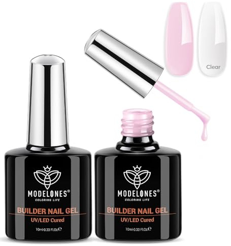 Modelones Builder Gel Set, 2 Pcs 10ml Clear and Baby Pink Builder Gel in a bottle, Nail Strengthener Extension Gel Builder for Nail, LED UV Lamp Cured Hard Gel