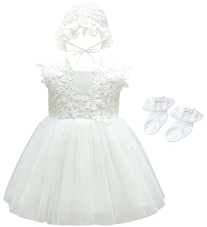 Vestido Transpirable de Bautizo para Niña de Verano,Elegante con Encaje Blanco,Regalo para Bautizo,Cumpleaños,Boda y Fiesta,con Sombrero de Encaje,Calcetines y Caja de Regalo,18 Meses