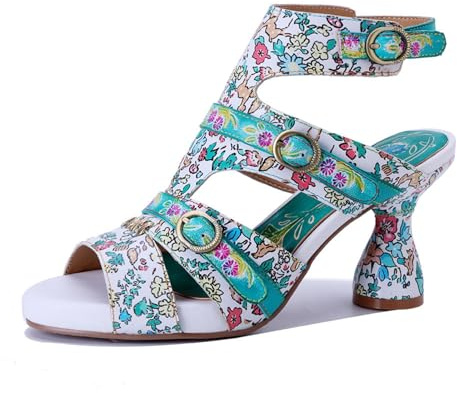 Sandalias de tacón para mujer, sandalias de tacón de bloque de verano, vintage, bohemias, sandalias de tacón con punta abierta, sandalias de tacón para fiesta, boda, damas sexys, Con color, 36 EU