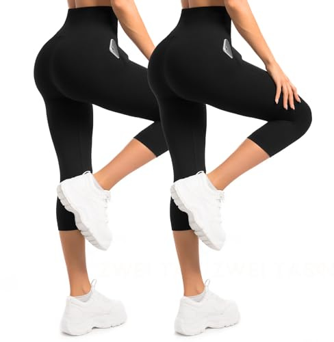Sanpetix Pantalon 3/4 pour femme avec poches, lot de 2 leggings capri taille haute pour femme, pantalons élastiques et doux comme du beurre pour le sport, le fitness et le yoga, Noir , S-M