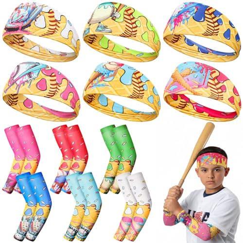 ramede 12 Pcs/6 Set Baseball Ice Cream Drip Party Favors Ice Cream Arm Sleeve Baseball Headbands Competition Accessory Sports Cute Sun Protection Stuff Colorful Team Gift for Sports Lover Party Supply