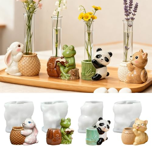Silikonform Frühling Hydroponik Vase, 4 Stück Silikonformen Gießformen Ostern Frühling Hase Frosch Gipsformen zum Gießen Frosch Gießformen Silikon Ostern Gips zum Gießen für DIY Vase Deko (A)
