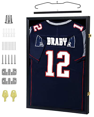 IHEIPYE Jersey Display Frame Case Lockable, Large Sport Jersey Shadow Box with 98% UV Protection Acrylic and Hanger for Baseball Basketball Football Soccer Hockey Shirt and Uniform,Black