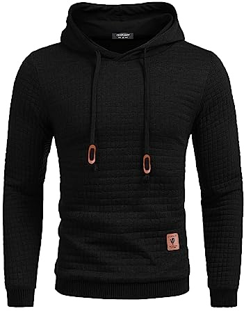 COOFANDY Sweat à Capuche Homme Hipster Gym Manches Longues Sweat de Travail à Cordon Pull Jacquard à Carreaux Hoodie Noir L