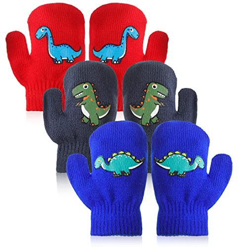 EBOOT 3 Paar Kleinkind Dinosaurier Kinder Handschuhe Winter Gestrickte Kinderhandschuhe Warme Skihandschuhe Unisex Baby Handschuhe für 1 bis 4 Jahre (Schön, Dunkelgrau, Rot, Himmelblau)
