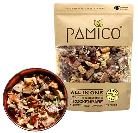 PAMICO Trockenbarf All in One Sensitive mit Huhn, Lamm, Fisch, Zucchini, Gurke und Brombeere 500g - 100% gefriergetrocknet, Barf Hundefutter ohne Zusätze getreidefrei