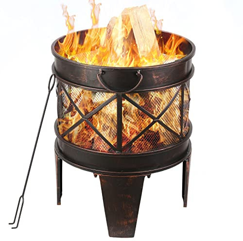 TLGREEN Feuerschale, Feuerschale Kamin mit Griff und Schürhaken,Feuerkorb 58 x 42 cm,Rund in Antik-Rost-Optik, Mehrzweck-Feuerkorb für den Garten Feuerstelle Garten Multifunktional Fire Pit