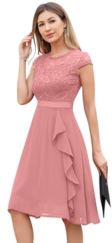 Odizli Cocktailkleid Damen Elegant Kurzarm Spitze Rüschen Chiffonkleid Hochzeitsgast Festlich Hochzeit Kurz Abendkleid Brautjungfernkleider Ballkleid Konfirmationskleider Jugendweihe Kleider Rosa L