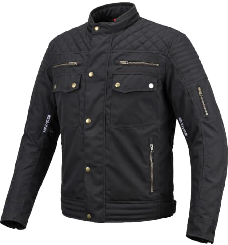 Motorradjacke für Herren, Gesteppte Schultern, Gewachste Baumwolle mit Protektoren (DE/NL/SE/PL, Alphanumerisch, L, Regular, Regular, Schwarz)