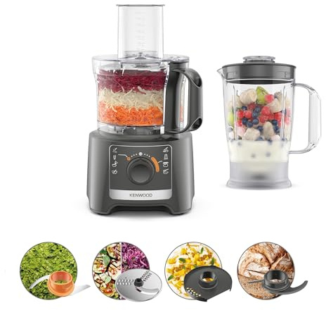 Kenwood Multipro Compact FDP31.170GY Küchenmaschine mit 2 Geschwindigkeiten + Pulse im Lieferumfang enthalten Mixer 1,2 l, Schüssel 2,1 l, zum Hacken, Reiben und Kneten, 800 W