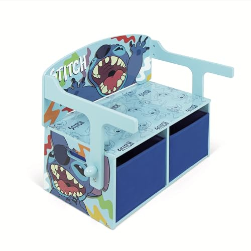 ARDITEX - Panchina scrittoio per bambini in legno convertibile in scrivania con vano portaoggetti inferiore di Stitch di Disney - 60x47x56cm - Azzurro e turchese - Ideale per la cameretta dei bambini