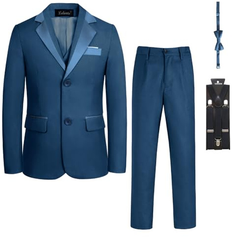LOLANTA Boys Page Boy Suit Tuxedo - Formal Slim Fit Suit for Weddings, Christenings & Parties, 5 Piece Set Includes Blazer Waistcoat Trousers Bow Tie Braces(13-14 Years, Lakeblue,Tag 170)