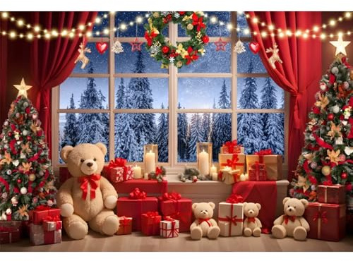 Ttincceer 4.5x3m Toile de Fond Photo de noël Hiver forêt Neige Luxe Arbre de noël Photographie Fond Rideau Rouge Couronne de pin Nouvel an Famille fête décors Adulte Portrait Photo Accessoire