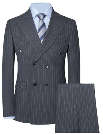 Ensemble élégant à Double Boutonnage pour Hommes Smoking à Double Boutonnage Ensemble Formel 2 pièces Costume à Rayures Fines Pantalons Ensemble (Gris,S)