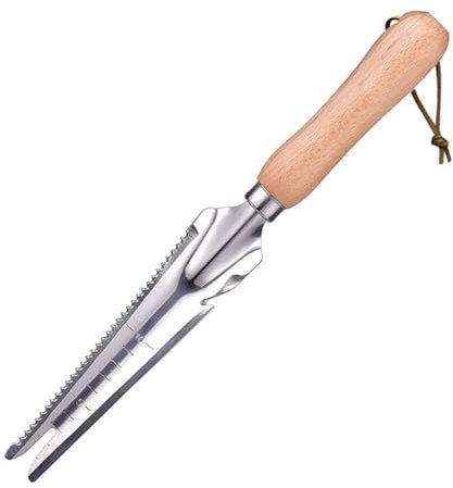 ZGIOPGEIN Weed Remover Tool Wooden Handle Manual Weed Puller Multifunctional Garden Weeding Tools Stainless Steel Hand Weeder with Serration and Scale for Yard Farmland Transplant Cultivating Gadgets