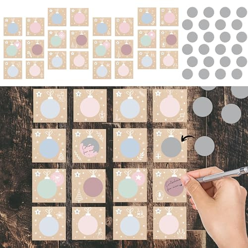 Rubbel adventskalender 73 delar | Klämmor snöre kort skrapfolie klistermärke 1–24 | papper MDF | julkalender (1 x skrapkalender hängande )