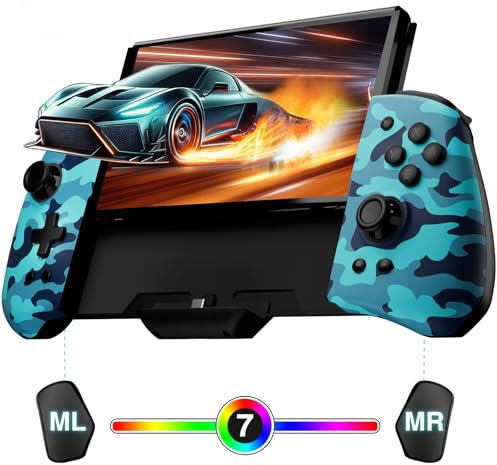 PALPOW Hall Effect Switch Controller for Nintendo Switch/OLED One-Piece JoyPad, Ergonomic Switch Handheld Controller with/RGB/Turbo/Mapped Switch Pro Controller - Blue Camo