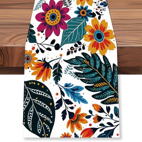 WADORN Chemin de Table Vintage à Fleurs et Feuilles Tropicales, 33x183cm Chemin de Table Floral Tropical Bohème Décoration de Table pour Maison Pendaisons de Crémaillère Fêtes D'Été Printemps