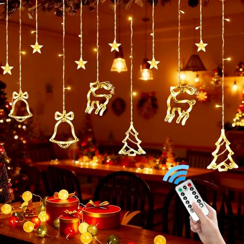 TUIBEIDAMAI Cortina de Luces Navidad, Guirnaldas Luminosas Navidad, 3.5M Luces de Cortina Batería 8 Modos, Mando a Distancia, Función Timer, para Decoracion Navideña Interior, Ventana, Balcón, Fiesta