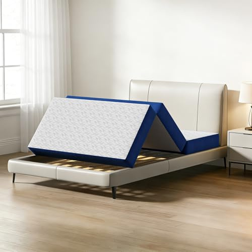 sogesfurniture Queen Size Tri-Fold Mattress，6 inch Folding Mat with Memory Foam & Cooling Gel for Travel & Camping & Yoga, Cover Washable Foldable Mat, CertiPUR-US Certified，White and Bliue