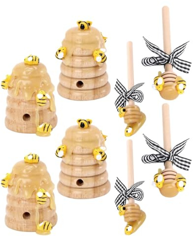 Bee Festival Decorations Set – 2 Packs Honeycomb Beehive Ornaments with 4 Honeycomb and 4 Honey Bee Sticks – Farmhouse Party Supplies for Kitchen and themed Events