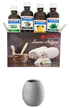 Davartis - Aromaschale SAUNAKKO aus Speckstein + 4x 50ml Sauna Aufguss Konzentrate in Geschenkverpackung (Eukalyptus (extra stark), Orange, Fichtennadel (intensiv), Polarminze)