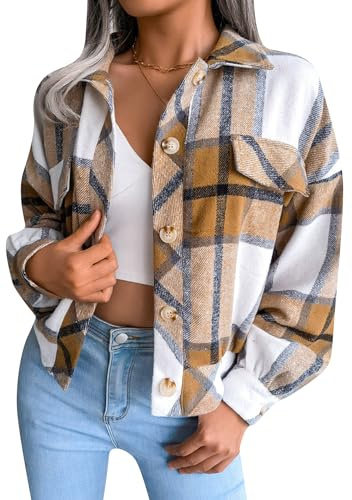 EFOFEI Womens Button Down Plaid Shirt Long Sleeve Checked Blouse Long Sleeve Casual Jackets Khaki S