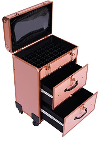 Valise Maquillage Professionnel Mallette Verrouillable Plateaux RéTractables Valise Maquillage à roulettes Cadre Aluminium Mallette Professionnelle Bijoux CosméTique Rangement (Or Rose)