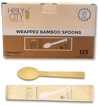 Holy City Straw Co. Paper Wrapped Bamboo Spoons | 125ct. | 6.7in | Biodegradable Utensils | Compostable & Plastic-Free | Great for Foodservice & Hospitality, To-Go Meals or Events