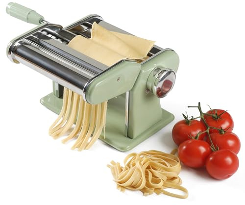 Sur La Table Kitchen Essential Pasta La Vista Manual Pasta Maker Machine Noodle Maker w/Rollers & Cutters - Spaghetti, Fettuccini, Lasagna or Dumpling Skin - Stainless Steel/Juniper Green