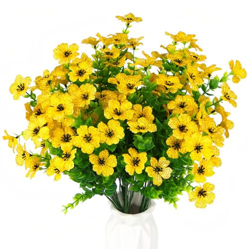 HBell 12 Bundles Outdoor Artificial Flowers UV Resistant Fake Boxwood Plants,Faux Plastic Greenery for Indoor Outside Hanging Plants Garden Porch Window Box Home Wedding Decor (Yellow)