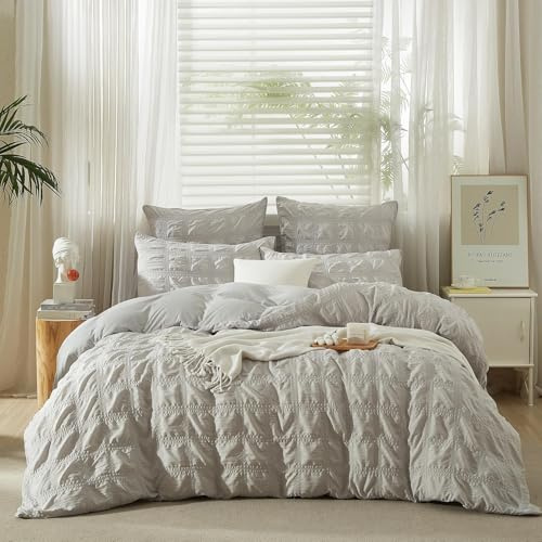 YASMENG Seersucker Housse de Couette 240 x 260 Gris Grand À Carreaux Été | Seersucker Parure de Lit 240 x 260 Doux Linge de Lit 2 Personne Adulte avec Fermeture Éclair avec Taies d'oreiller 65x65 cm
