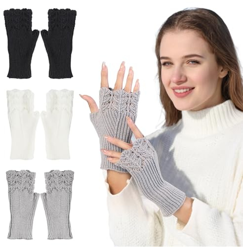 ZYNERY 3 Pcs Winter Fingerless Gloves, Women's Scale Design Winter Warm Knitted Long Arm Warmers Gloves
