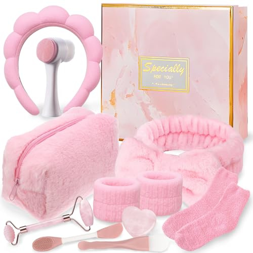 Skincare Kit,Kit SKincare Viso Completo,10 PCS Confezione Regalo Donna,Fascia Capelli,Spazzola Maschera Viso,Gua Sha Pietra,Calzini,Regalo per Compleanno Feste per Mamma,Figlia,Migliore,Fidanzata