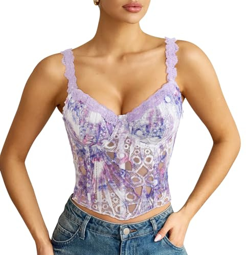 WERFORU Corset Top en Dentelle pour Femme Bustier Floral Transparent Sexy Bralette à Lacets dos Ajustable Crop Top pour Sortie Concert et Soirées Club