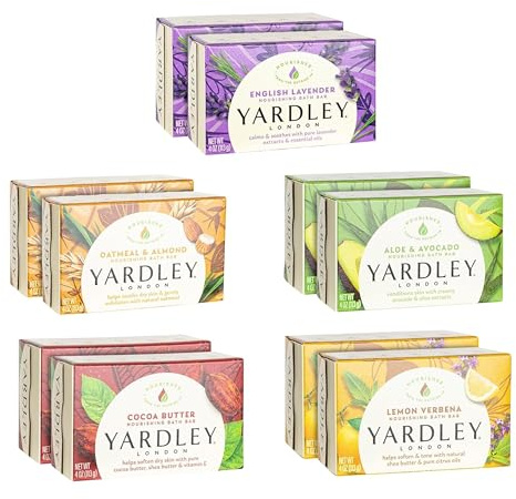 Yardley London Soap Bath Bar Bundle - 10 Bars: English Lavender, Oatmeal and Almond, Aloe and Avocado, Cocoa Butter, Lemon Verbena 4.25 Ounce Bars (Pack of 10 Bars, Two of each)