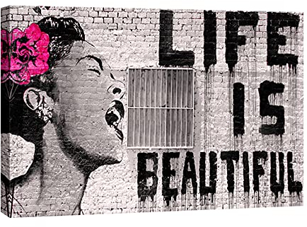 Wieco Art Banksy Life is Beautiful, moderne Galerie, eingewickelt in Grau, abstrakte Kunstwerke, Gemälde, große Giclée-Kunstdrucke auf Leinwand, Wandkunst, fertig zum Aufhängen, Büro, Dekoration