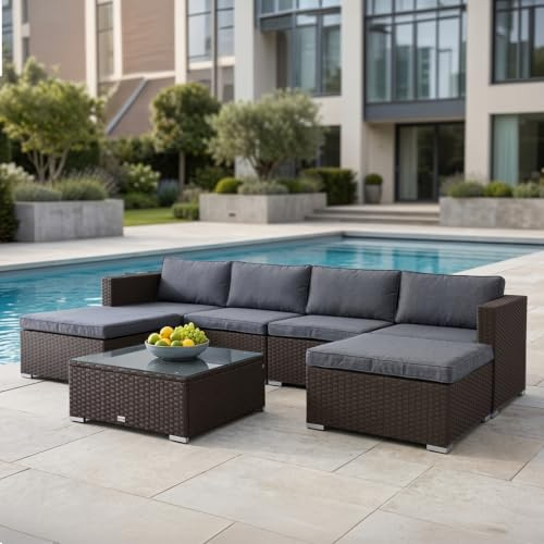 EVRE Nevada Rattan Garden Furniture Set | 6 Seater Modular Corner Sofa with Coffee Table, 2 Footstools & Cushions, Outdoor Sofa Set for Patio, Conservatory & Balcony.