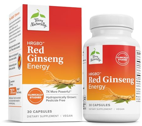 Terry Naturally HRG80 Red Ginseng Energy - Supplement to Support Healthy Energy & Focus - Herbal Supplement with Korean Red Ginseng Root Powder - Vegan Tablets to Aid Healthy Endurance - 30 Capsules